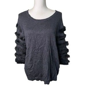 NWT Cluny Sweater Size Medium Gray Silk Wool Blend Black Fur Trim a5